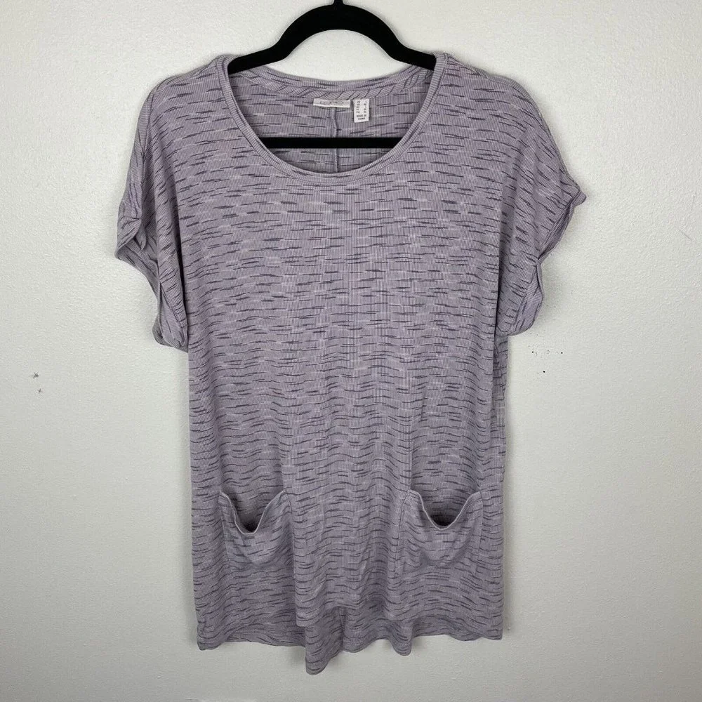 LOGO By Lori Goldstein Purple Short Sleeve Tunic Top Women's Size L Pockets - Picture 1 of 6
